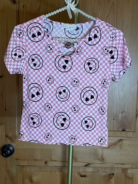 Glitter Girl Pink Checker Smiley Short Sleeve Top - Kids Size 14/16